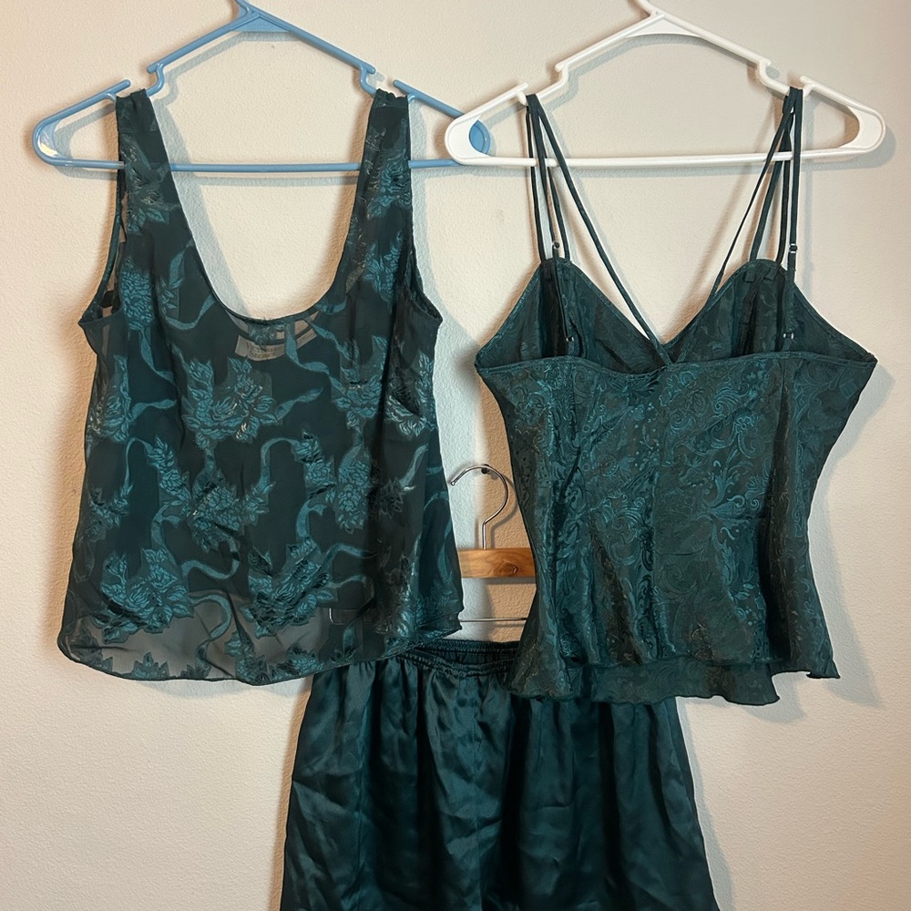 Women’s Vintage Victoria’s Secret Gold Label Green Satin Lace Set 3 Piece M